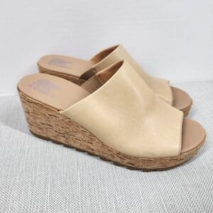 Sorel Cameron Size 10 Wedge Heel Sandals Tan Leather Slip On Open Toe